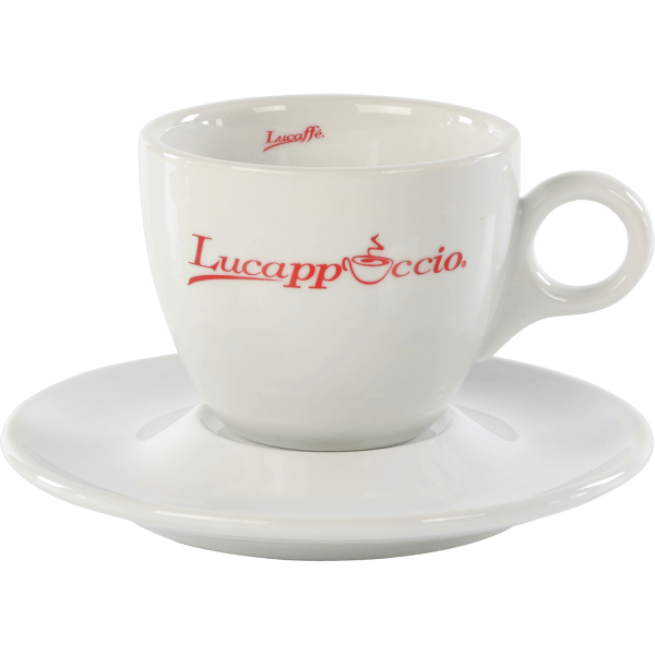 Lucaffe Cappuccino Tasse mit rotem Schriftzug
